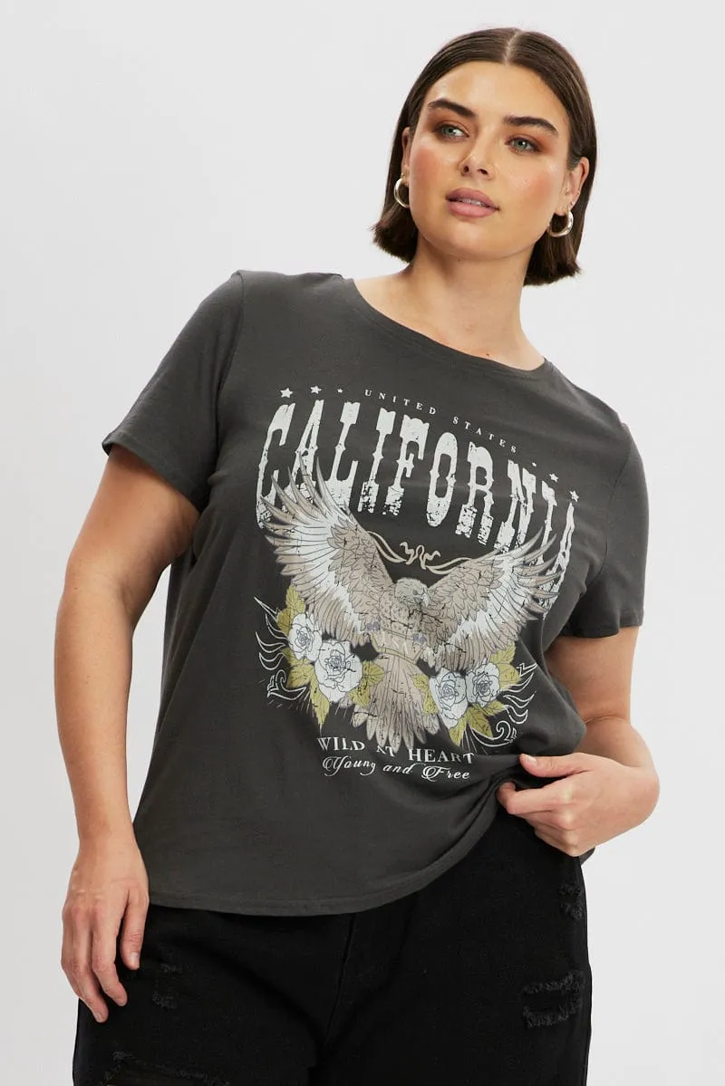 Grey Graphic T Shirt Short Sleeve Crew Neck Relaxed Comfort Wear