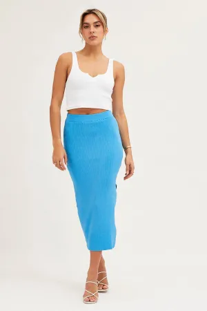Blue Elastic Waist Side Split Knit Midi Skirt Couture Inspired