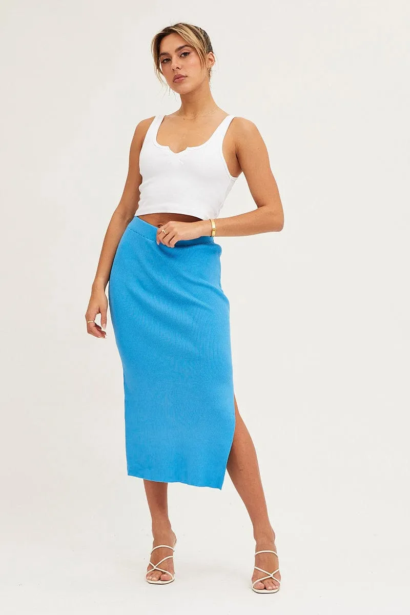 Blue Elastic Waist Side Split Knit Midi Skirt Delicate Texture