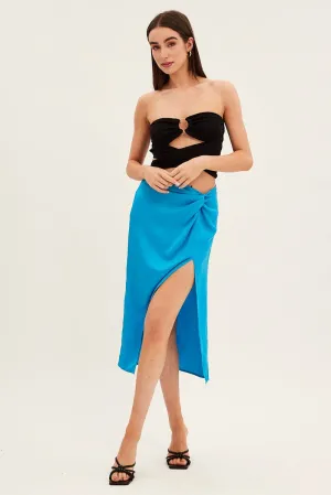 Blue Twist Midi Skirt Cozy Edge Detail Focus