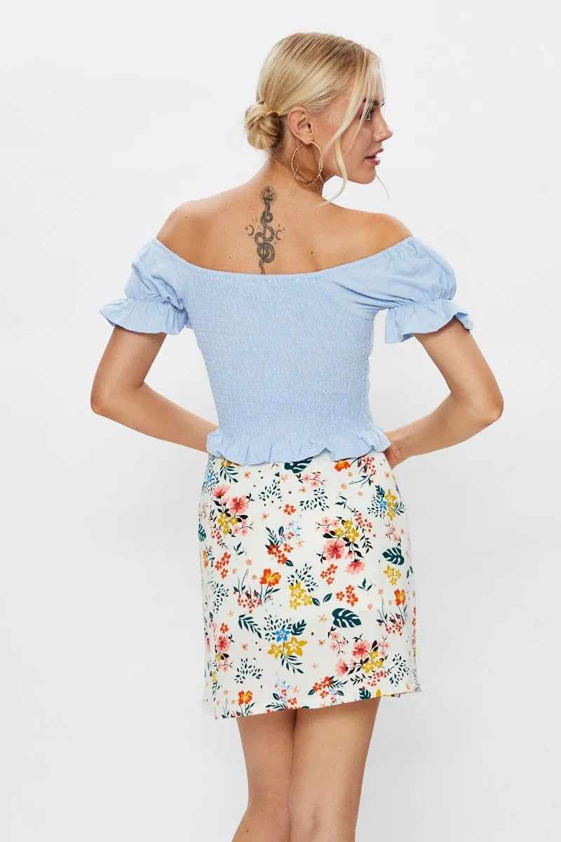 Print Front Split Mini Skirt Tiered hem Anti Static Lining