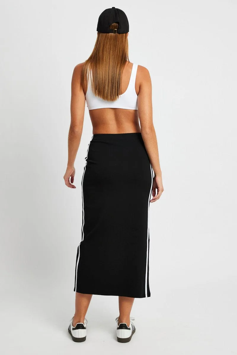 Black Midi Skirt Side Stripe Flexible Material
