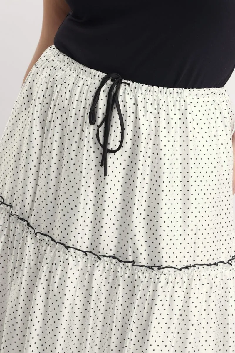 Blogger Favorite White Polka Dot Tier Contrast Tie Maxi Skirt