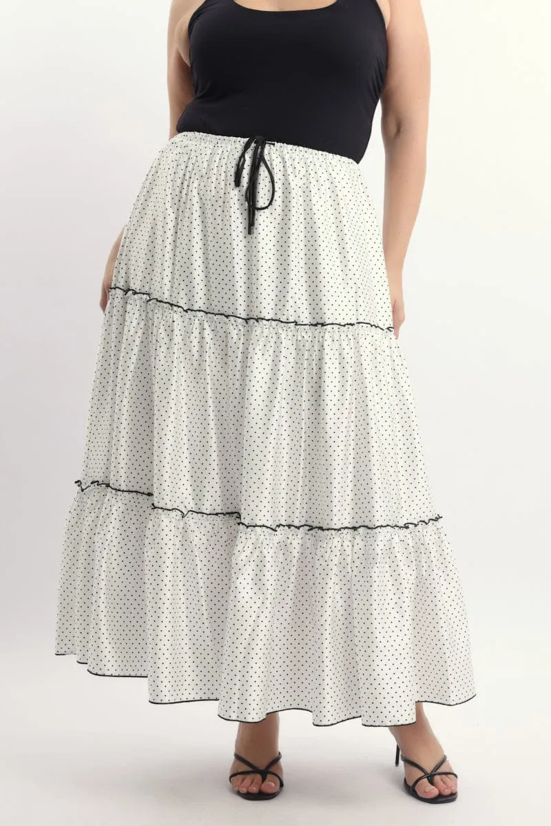 Subtle Detail Teen Fashion White Polka Dot Tier Contrast Tie Maxi Skirt