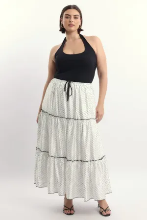 Casual Feel Must Have Feature White Polka Dot Tier Contrast Tie Maxi Skirt