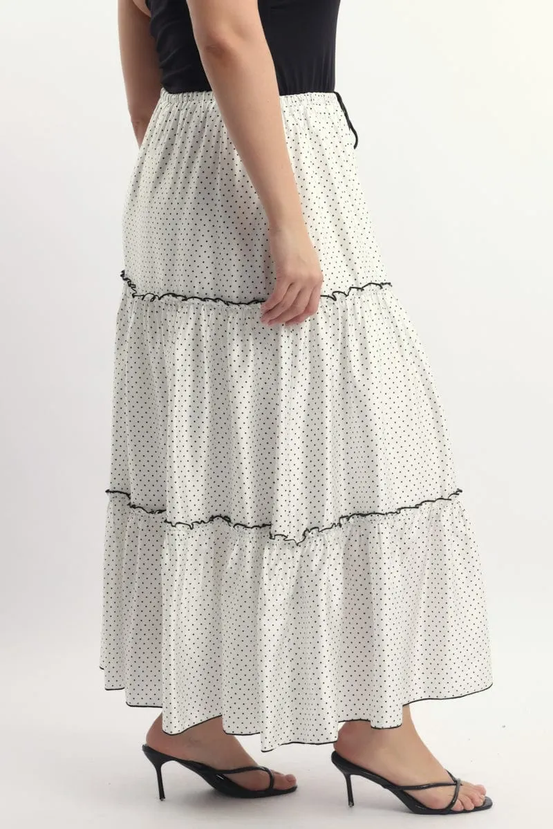 White Polka Dot Tier Contrast Tie Maxi Skirt Removable Belt