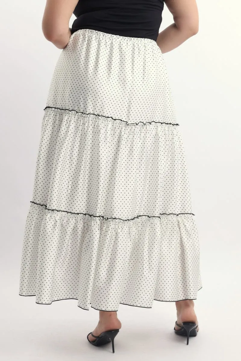 White Polka Dot Tier Contrast Tie Maxi Skirt Soft Layers Bold Mood