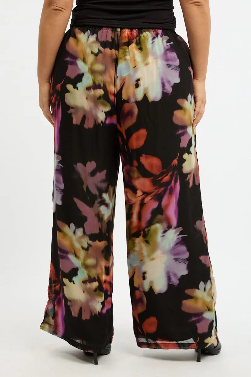 Multi Abstract Blurred Lined Wide Leg Pants SmoothZipClosure