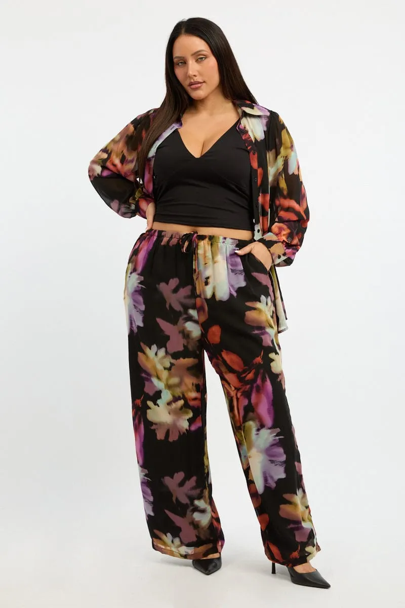 Reflective accents Multi Abstract Blurred Lined Wide Leg Pants