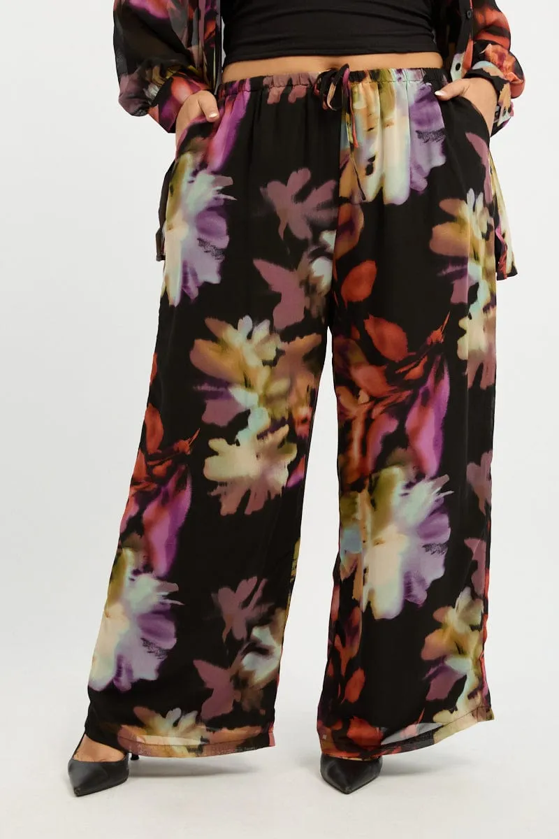 Multi Abstract Blurred Lined Wide Leg Pants Roomy Fit