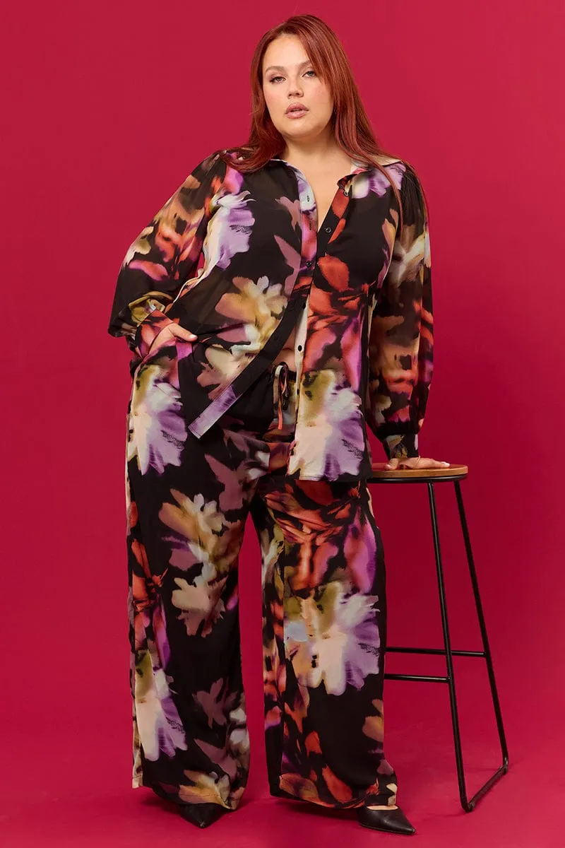 HighWaistSupport Multi Abstract Blurred Lined Wide Leg Pants