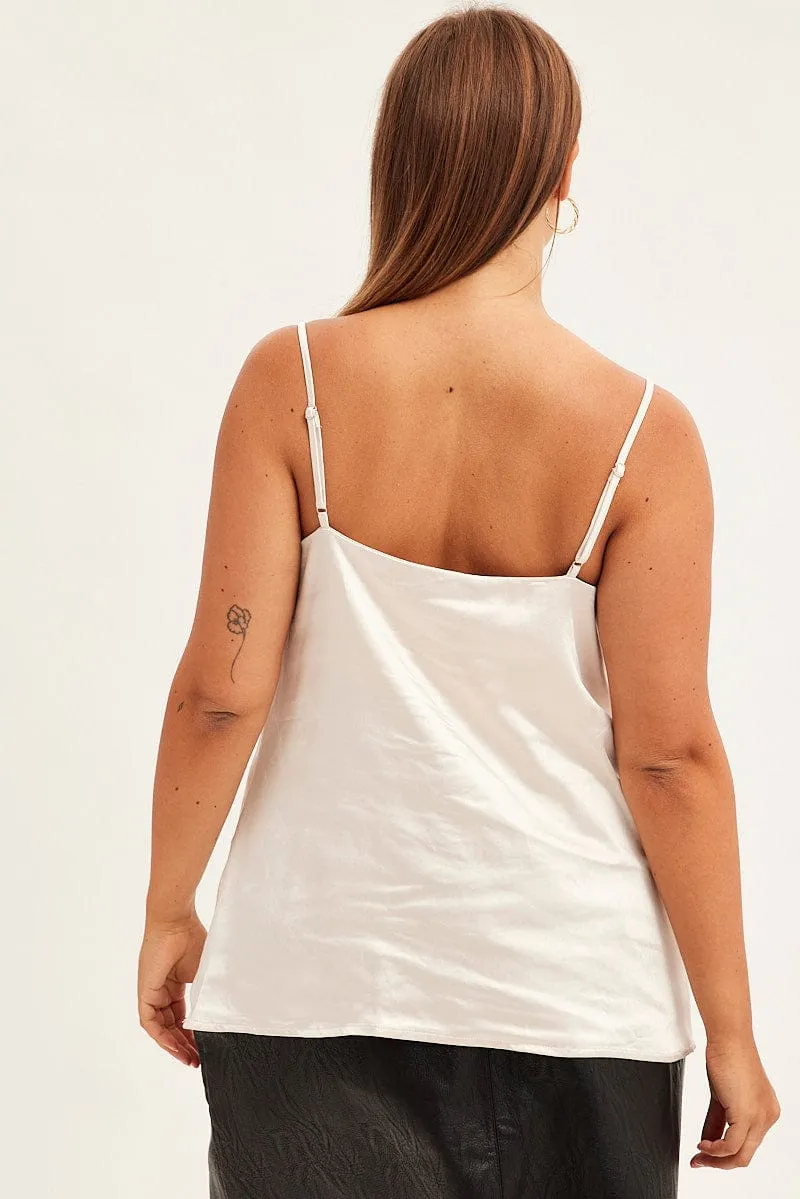 Beige Singlet Top Sleeveless Satin Cowl Neck Camera Glow