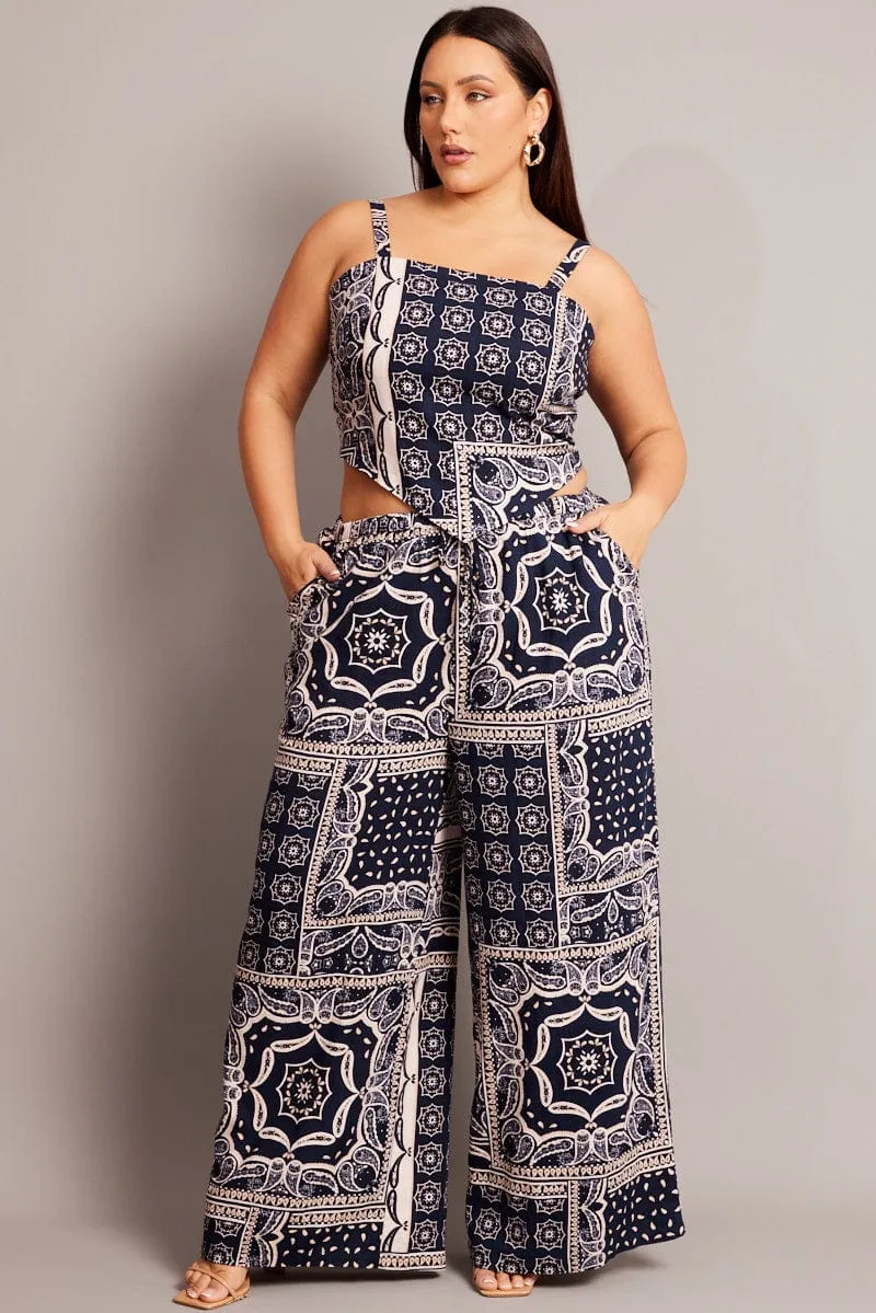 Blue Abstract Wide Leg Pants High Rise Travel Ready Tear Resistant Design