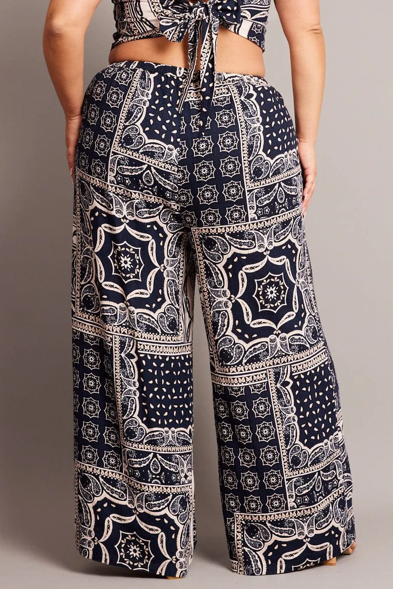 Blue Abstract Wide Leg Pants High Rise Friction Resistant Fabric