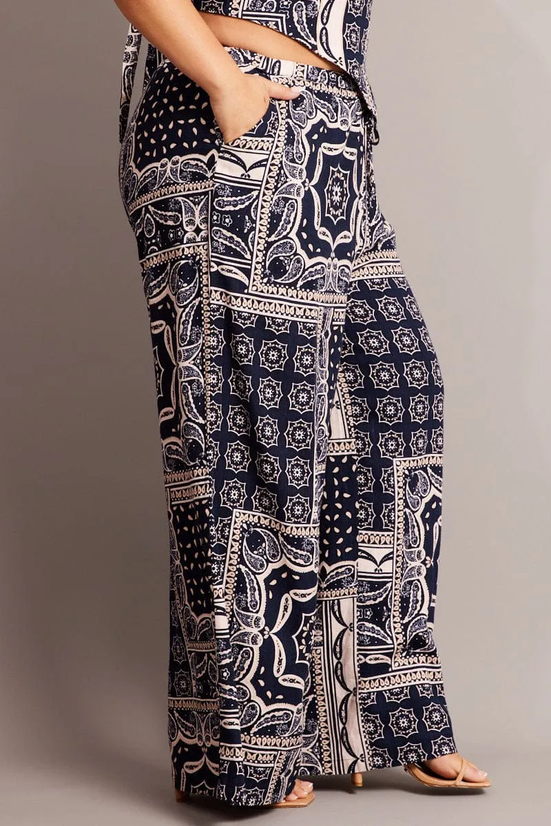 Durable Construction Non Restrictive Blue Abstract Wide Leg Pants High Rise