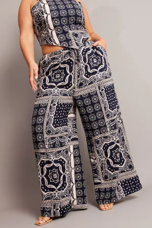Blue Abstract Wide Leg Pants High Rise Flattering Comfort Wear