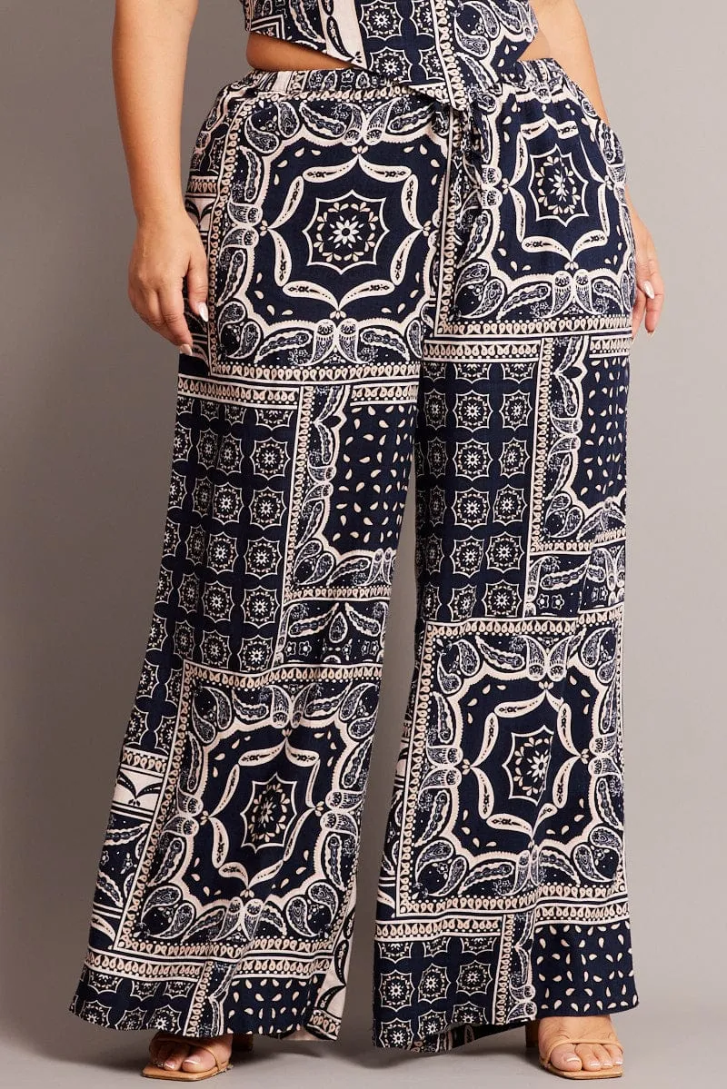 Blue Abstract Wide Leg Pants High Rise High Durability Stitching
