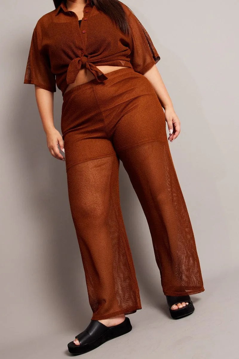 smooth zipper All Season Versatility Brown Wide Leg Pants High Rise