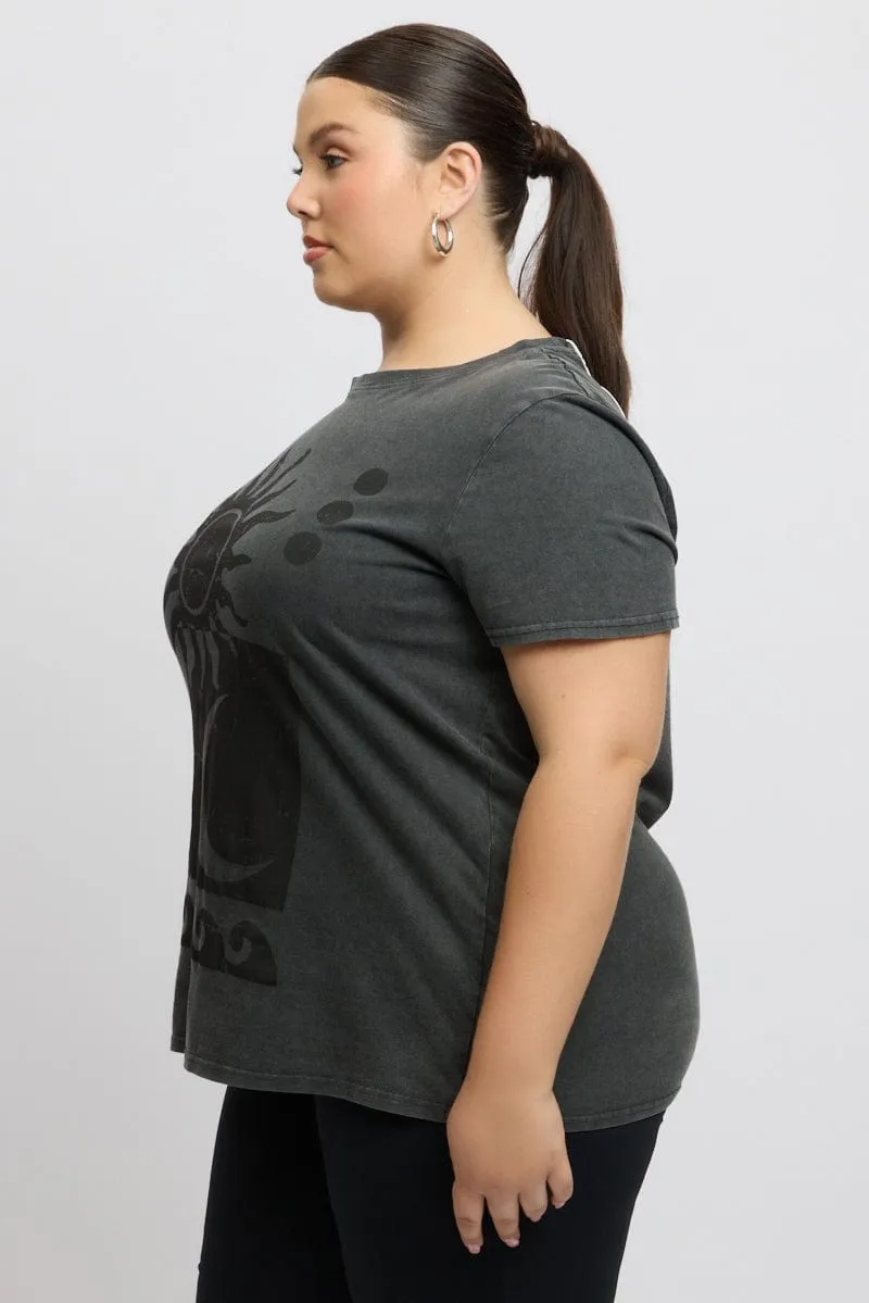 Grey Graphic T Shirt Short Sleeve Crew Neck Micro Perforation