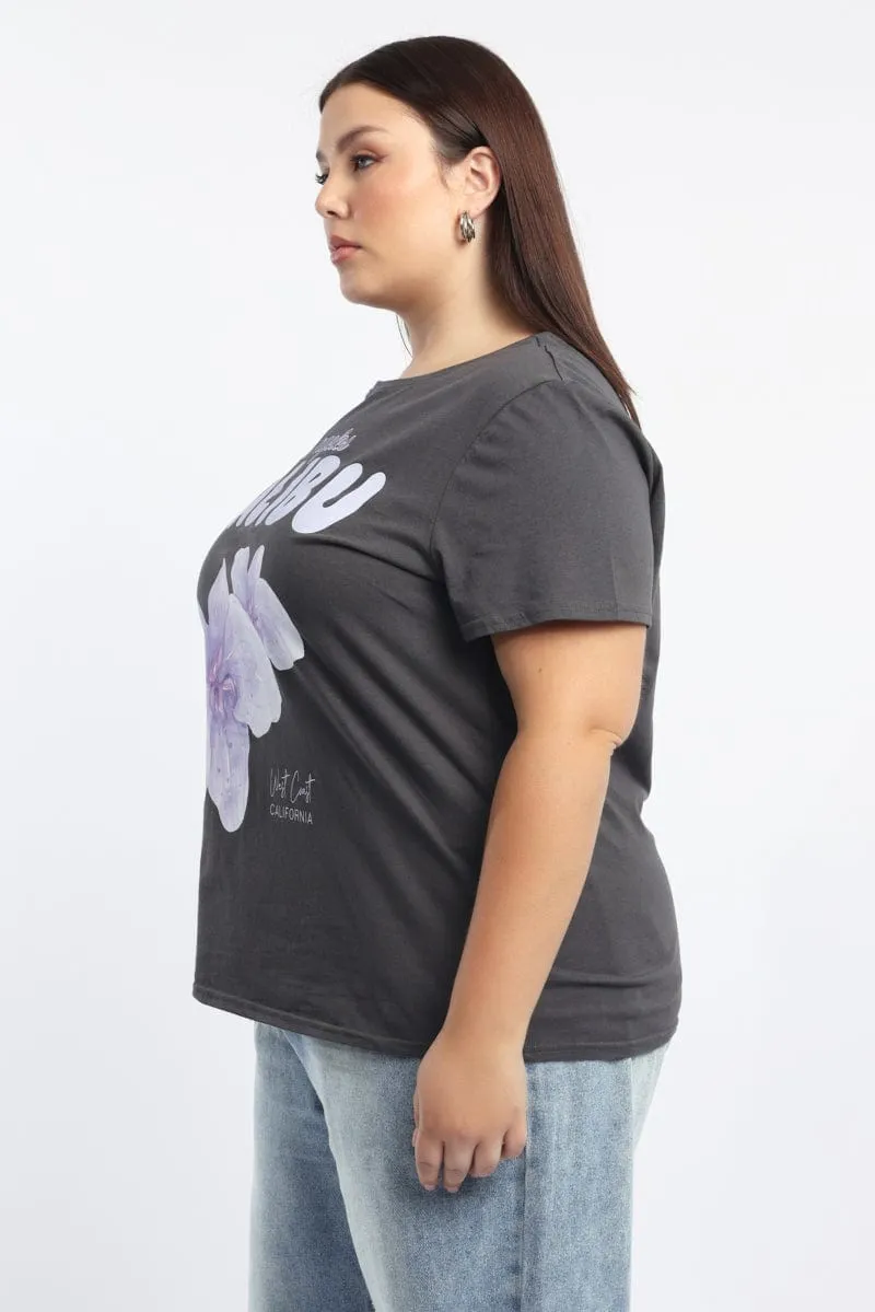 Grey Graphic T Shirt Short Sleeve Crew Neck Flexible Neckline Street Ready