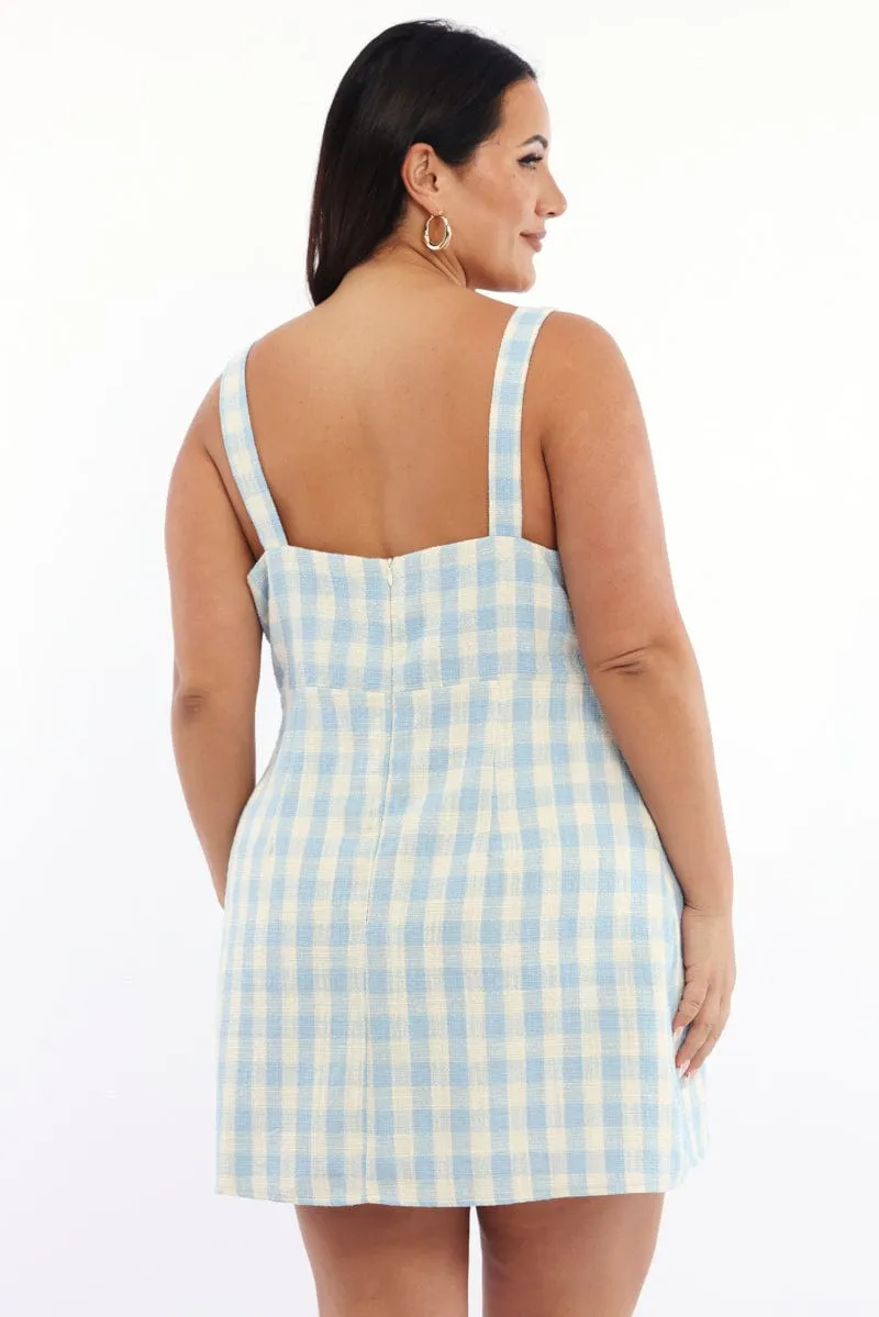 Blue Check Mini Dress Sleeveless Rosette Detail Street Heat