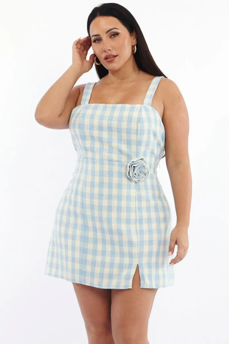 Blue Check Mini Dress Sleeveless Rosette Detail Trend Ride Stylish mini with ruffles