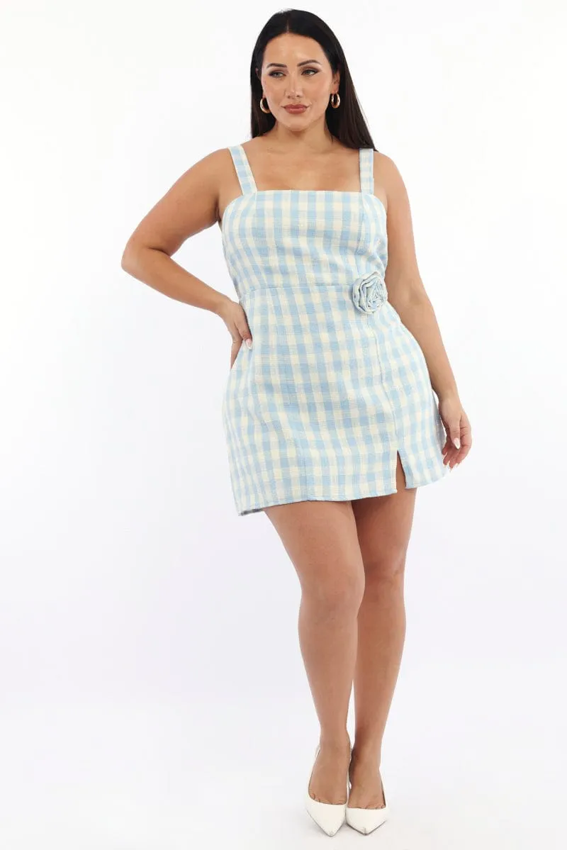 Shine Fresh Recycled Polyester Material Blue Check Mini Dress Sleeveless Rosette Detail