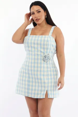 Blue Check Mini Dress Sleeveless Rosette Detail Trend Ride Stylish mini with ruffles