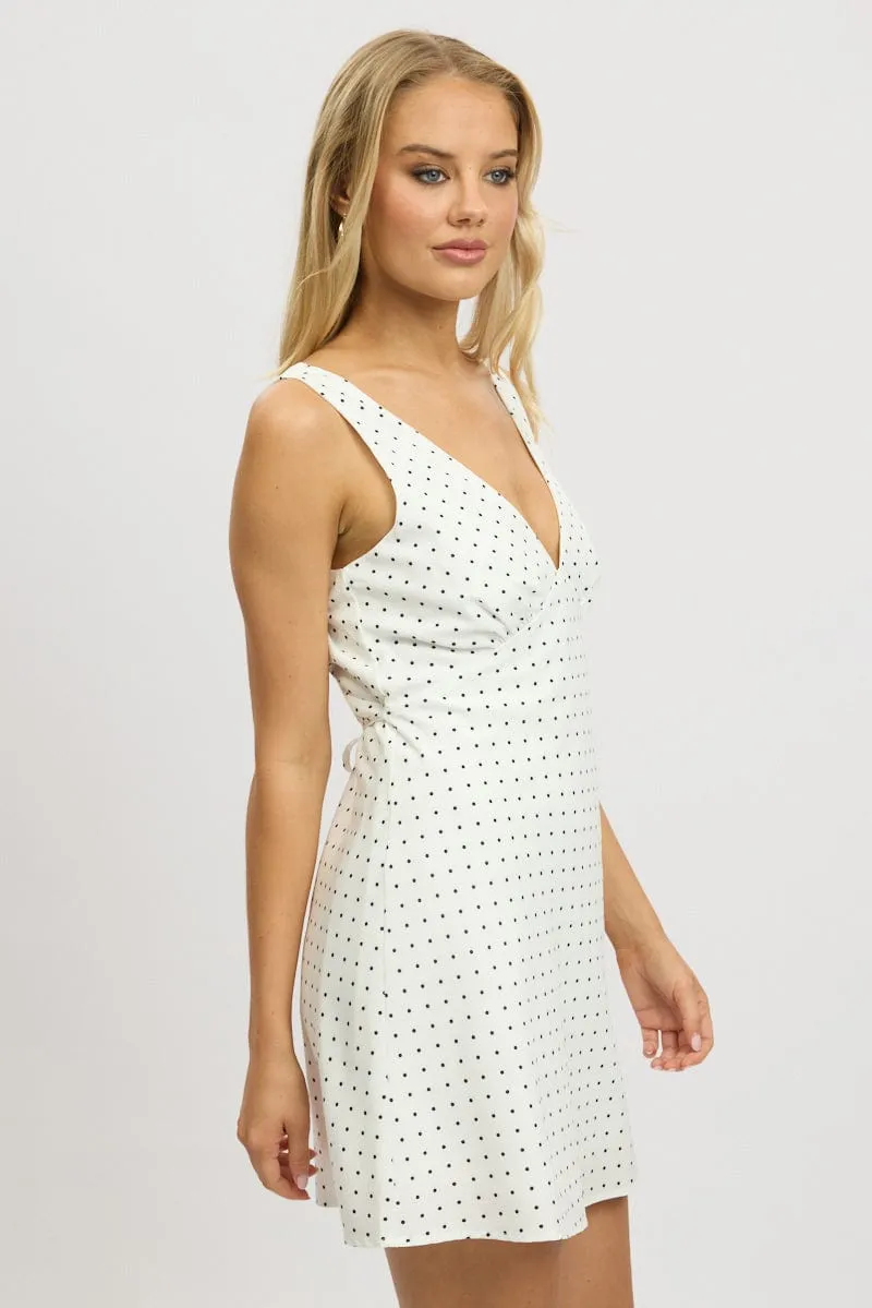 No Slip Grip White Polka Dot A Line Mini Dress Sleeveless