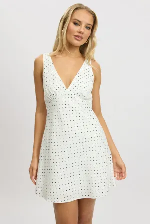 White Polka Dot A Line Mini Dress Sleeveless Date Ready Charming Detail