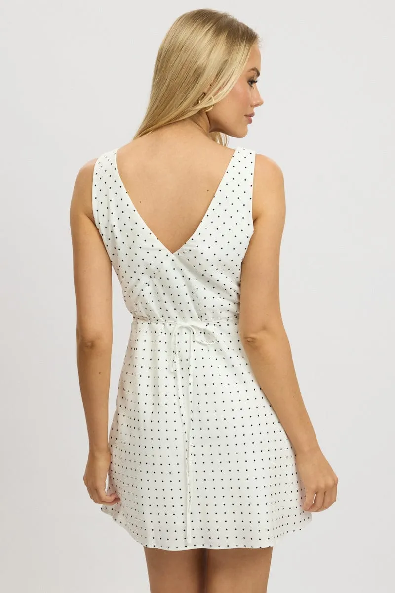 Night Edge Coquette Feel White Polka Dot A Line Mini Dress Sleeveless