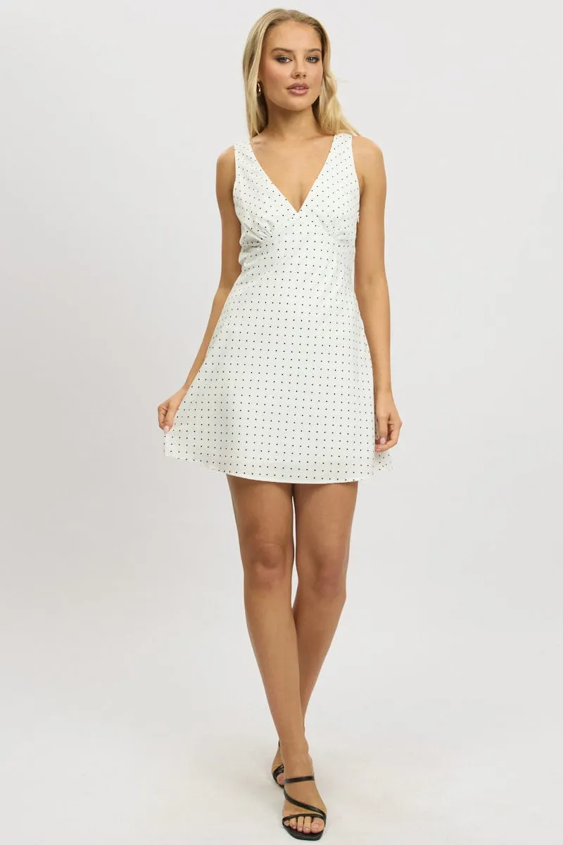 White Polka Dot A Line Mini Dress Sleeveless Boho Chic Look Coquette Feel
