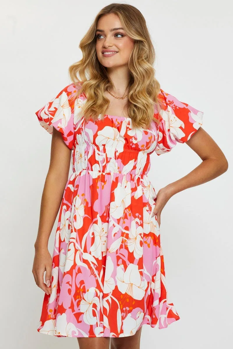 Print Mini Dress Short Sleeve Versatile Wear