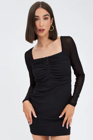 Party Edge Black Mini Dress Long Sleeve Hook & Eye Bodycon Mesh