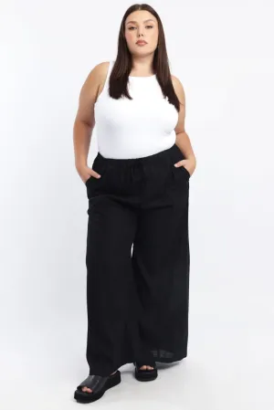 Black Seam Detail Linen Blend Wide Leg Pants Padded hips