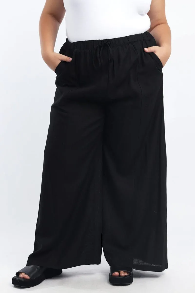 Black Seam Detail Linen Blend Wide Leg Pants Durable Weave Versatile Comfort Wear