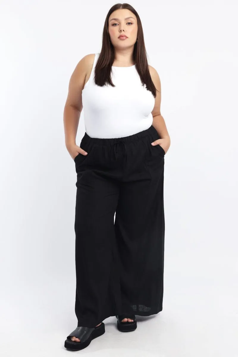 Black Seam Detail Linen Blend Wide Leg Pants Padded hips