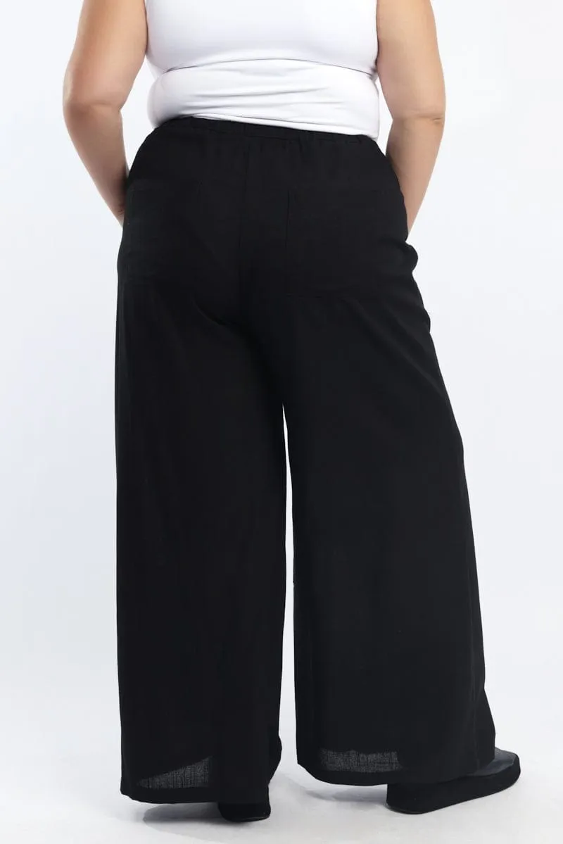 Black Seam Detail Linen Blend Wide Leg Pants Moisture Wicking Fabric