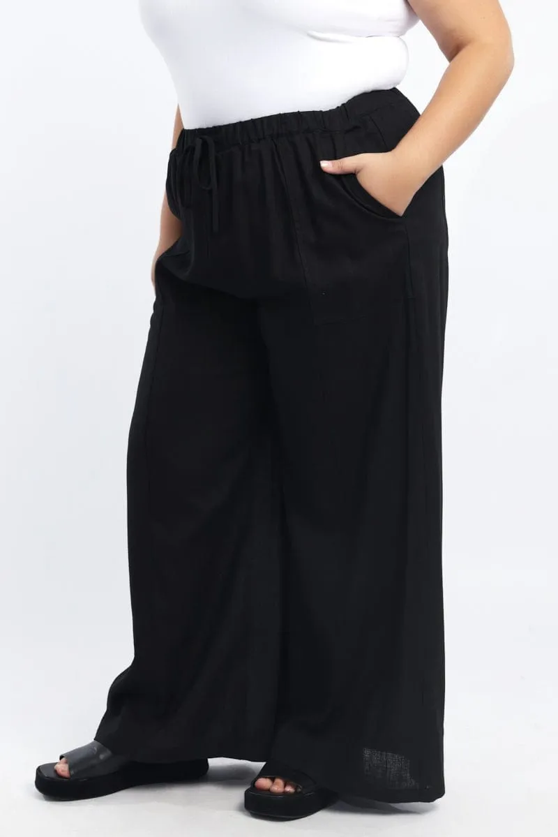 Black Seam Detail Linen Blend Wide Leg Pants Layered Style Abrasion Resistant Fabric