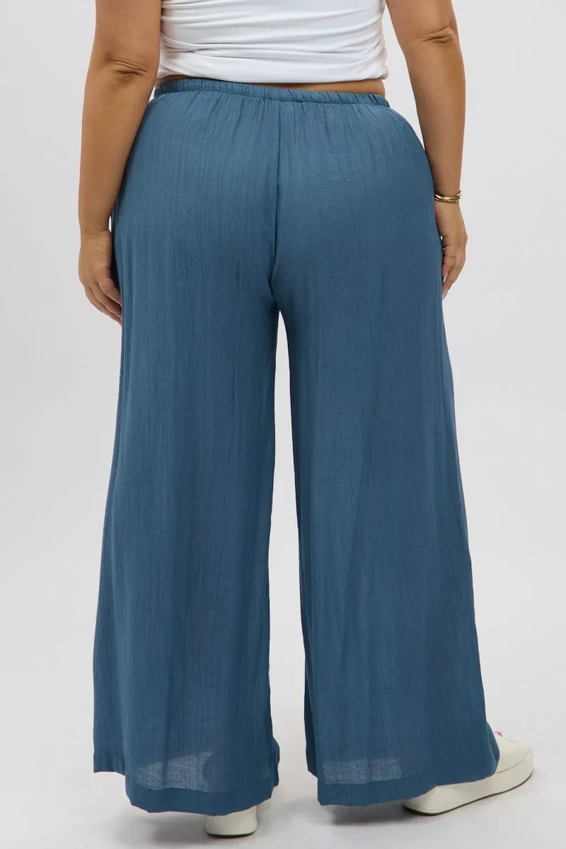 wrinkle free Blue Textured Wide Leg Pants