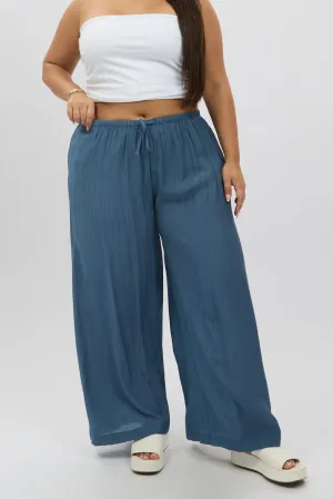 Blue Textured Wide Leg Pants Stretchable Design