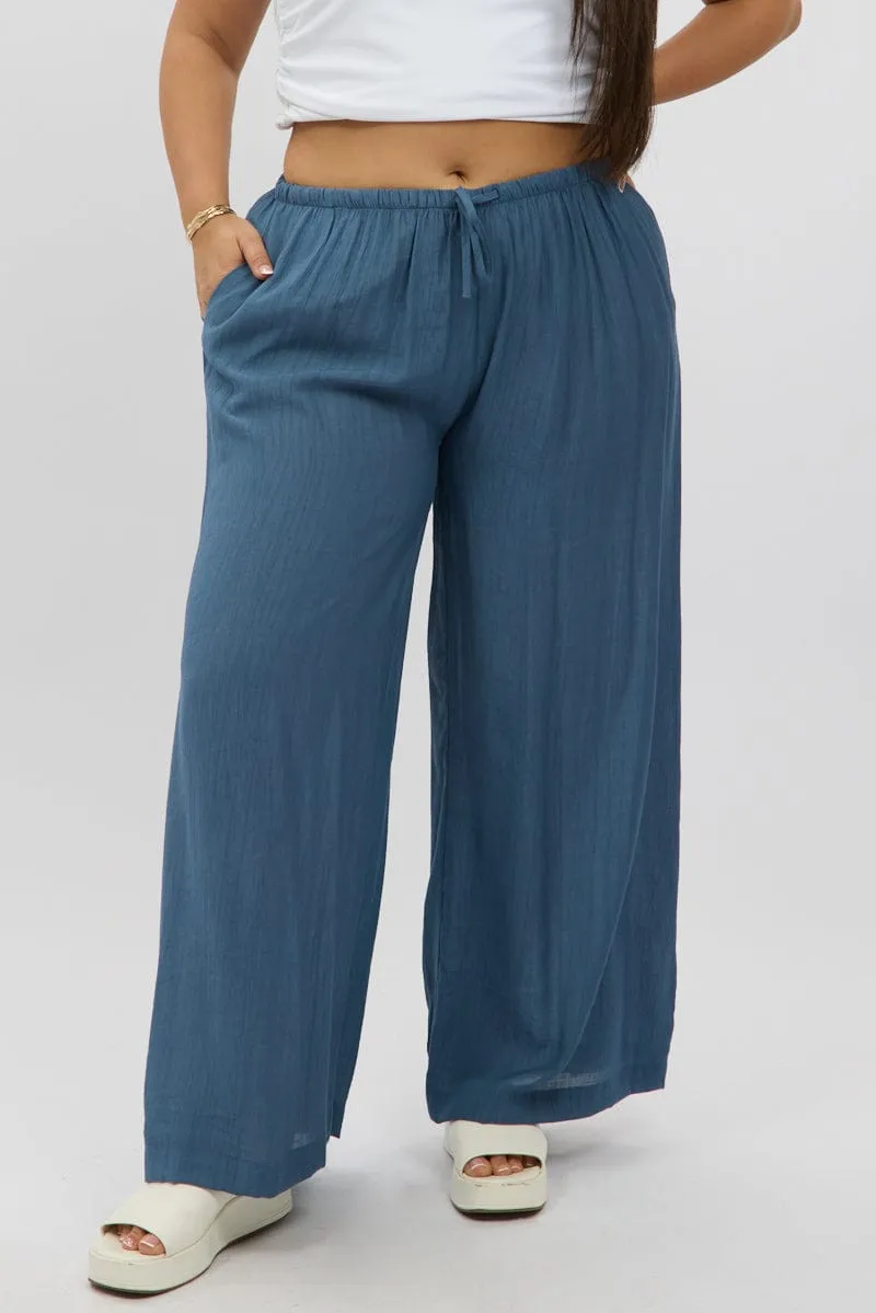 Blue Textured Wide Leg Pants Versatile Waist Organic Cotton Blend