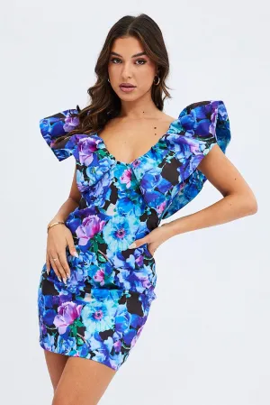 Vibrant Fashion Multi Floral Ruffle Shoulder Plunging Statement Mini Dress