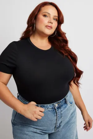 Black Bodysuit Short Sleeve Crew Neck Supersoft SustainableBlend Open Heart