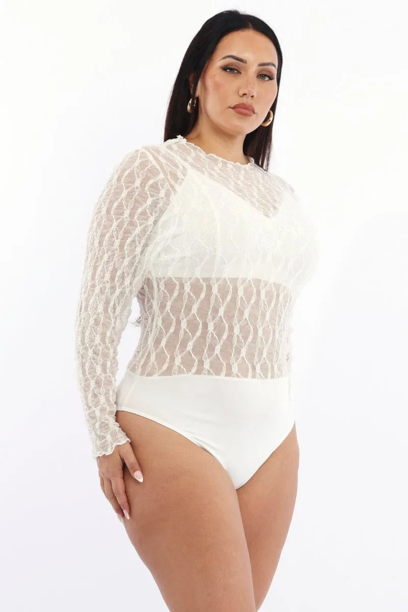 White Bodysuit Long Sleeve Lace Sea Fit