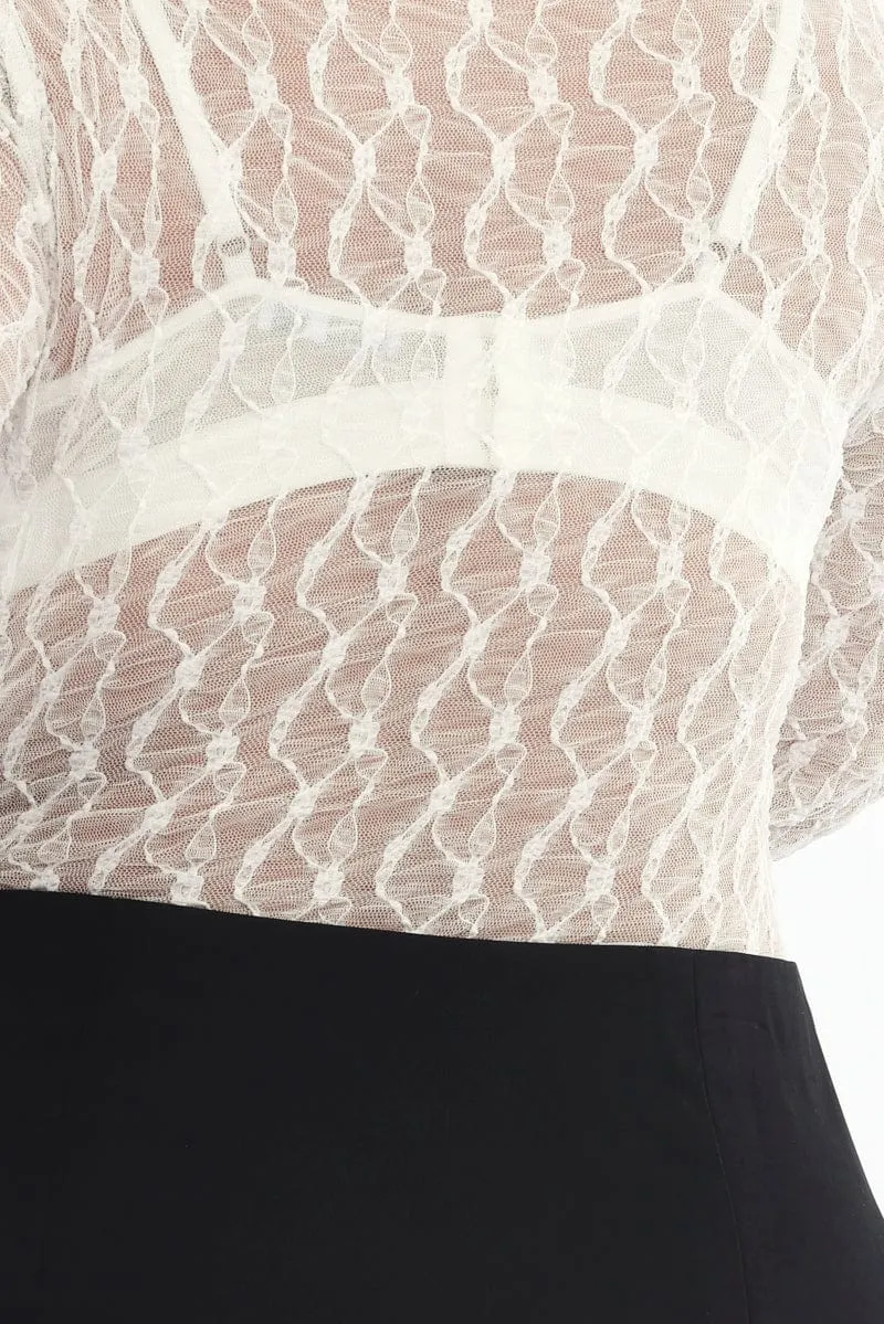 White Bodysuit Long Sleeve Lace MachineWashable Fabric