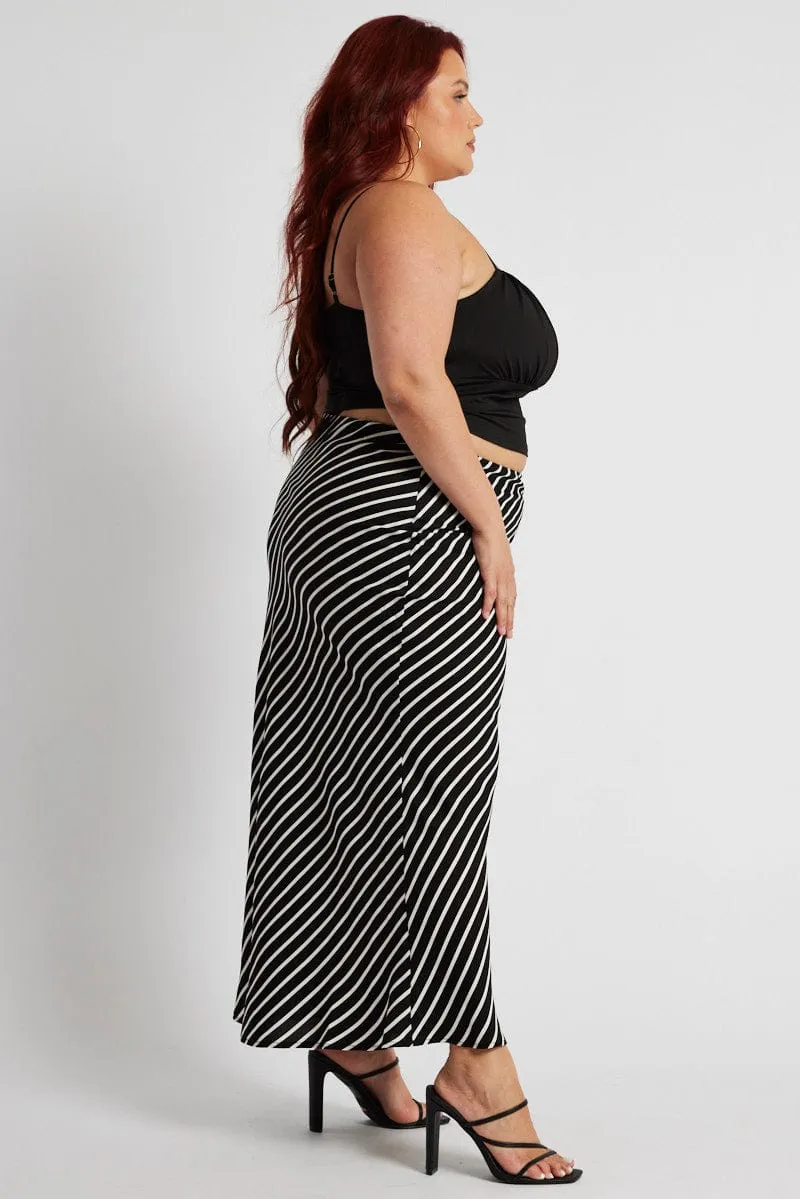 Foil Print Flowy Drape Black Stripe Bias Stripe Maxi Skirt