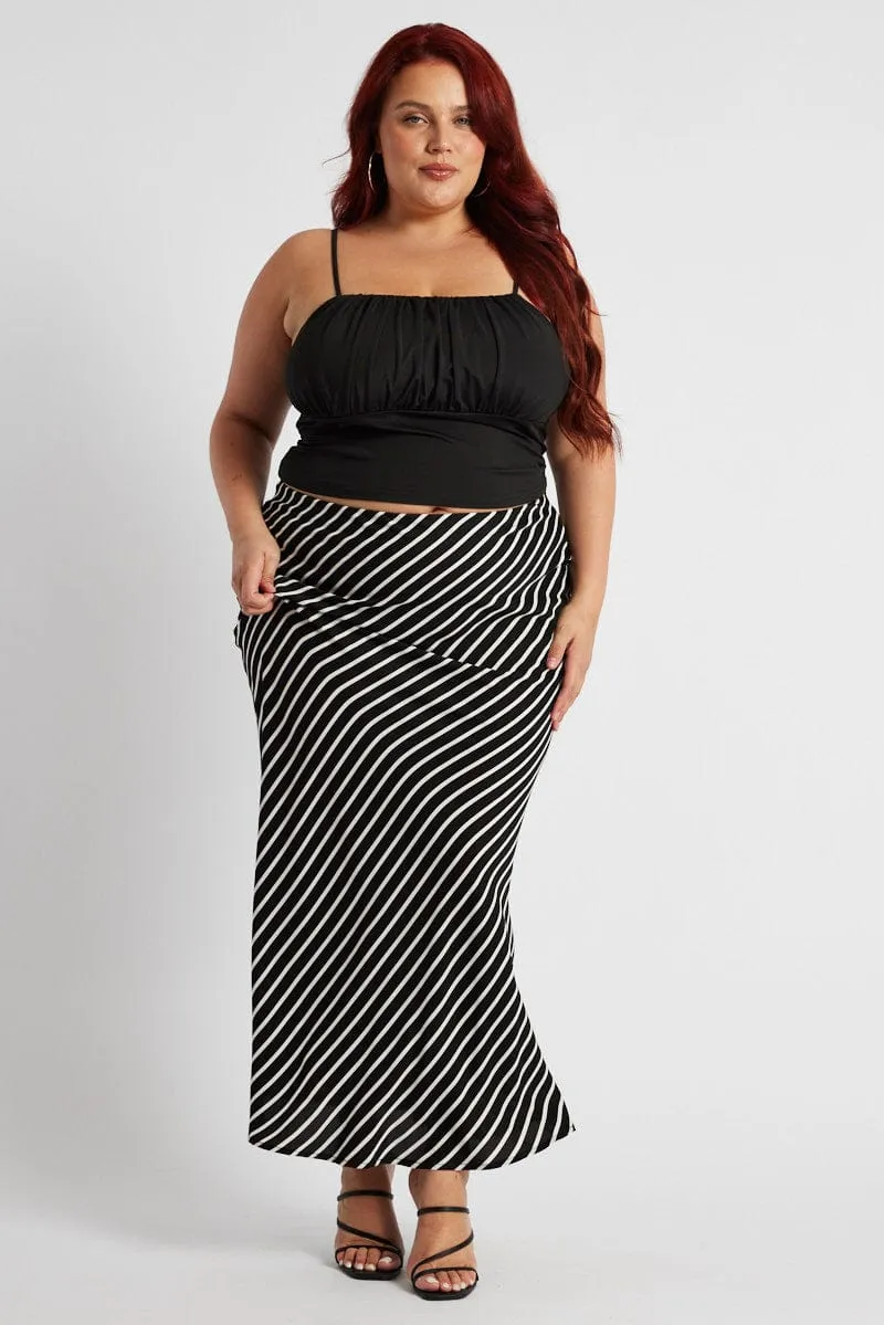 Black Stripe Bias Stripe Maxi Skirt Soft Lining