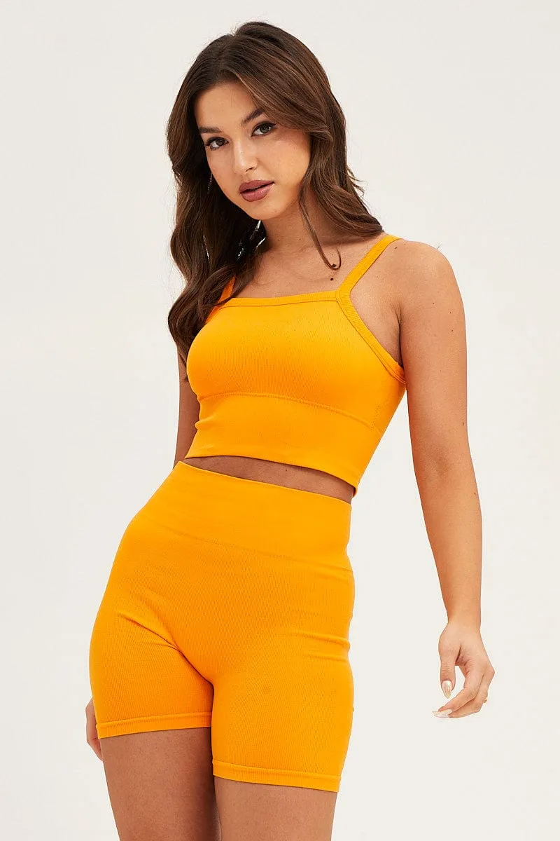 DoubleLayered Structure FadeResistant Dye Orange High Neck Rib Bind Detail Seamless Tank