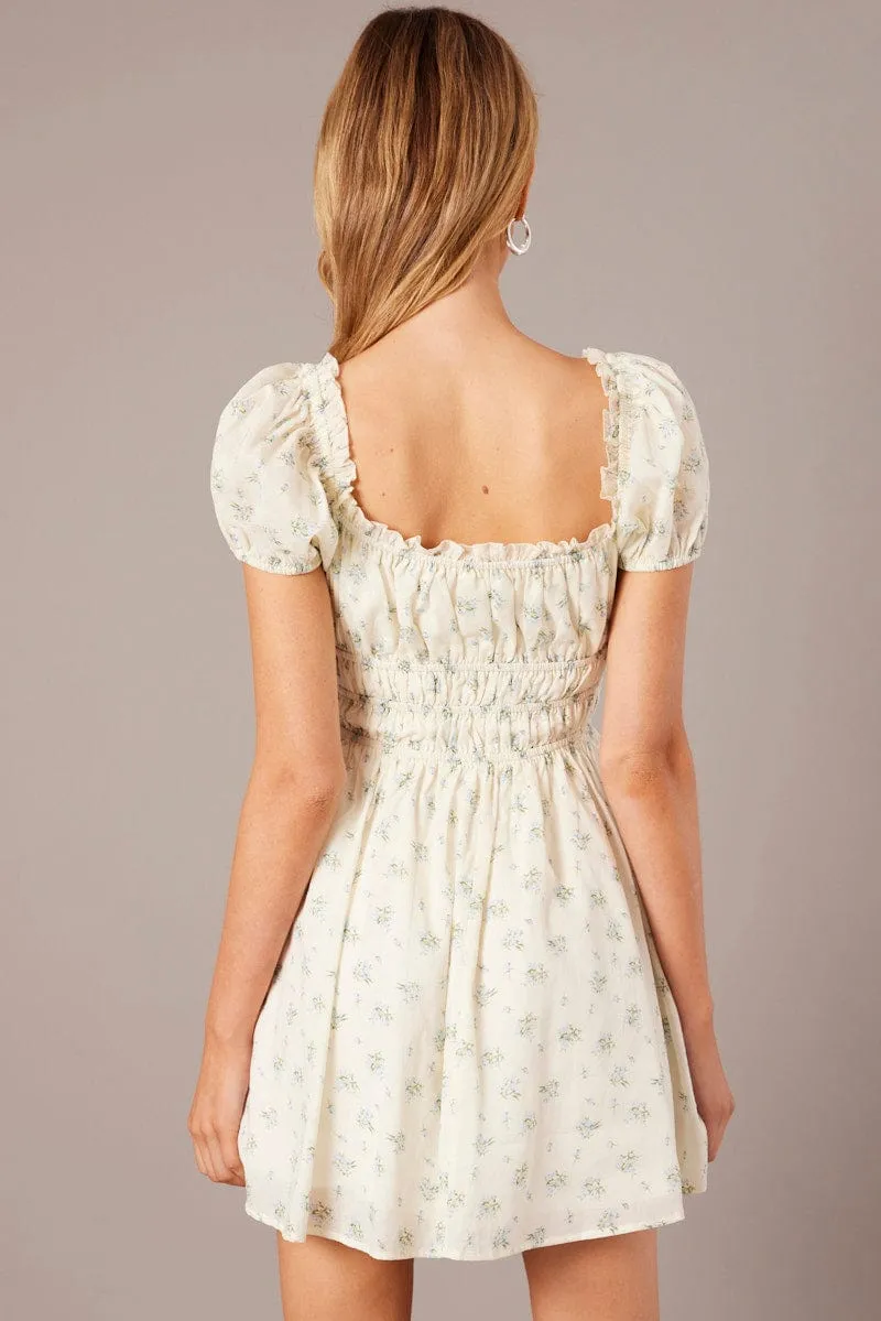 White Ditsy Fit And Flare Dress Puff Sleeve premium fabric Sky Mood